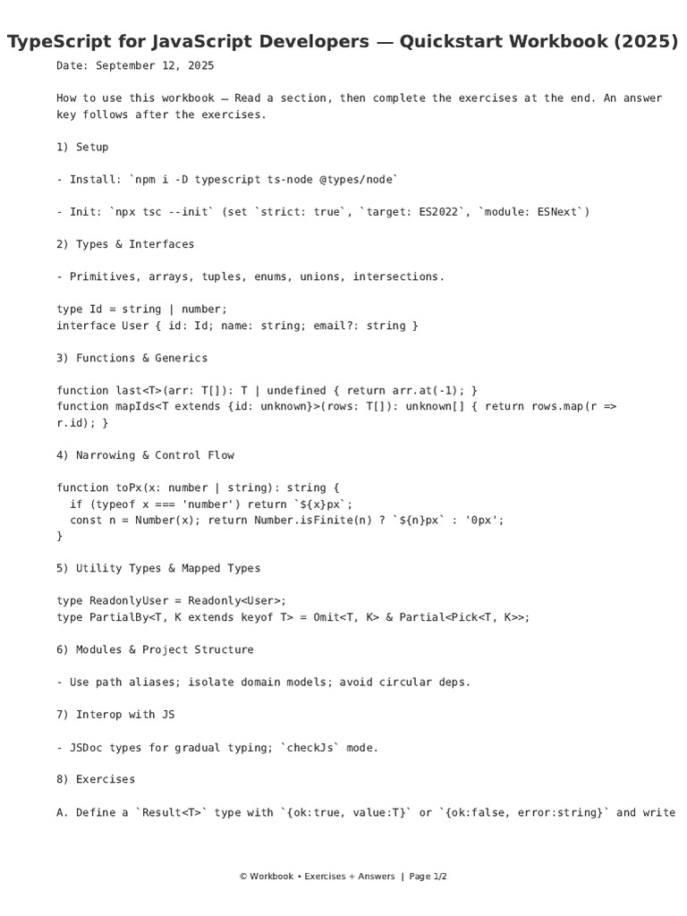 TypeScript Quickstart Workbook | PDF | Programming Paradigms | Software ...