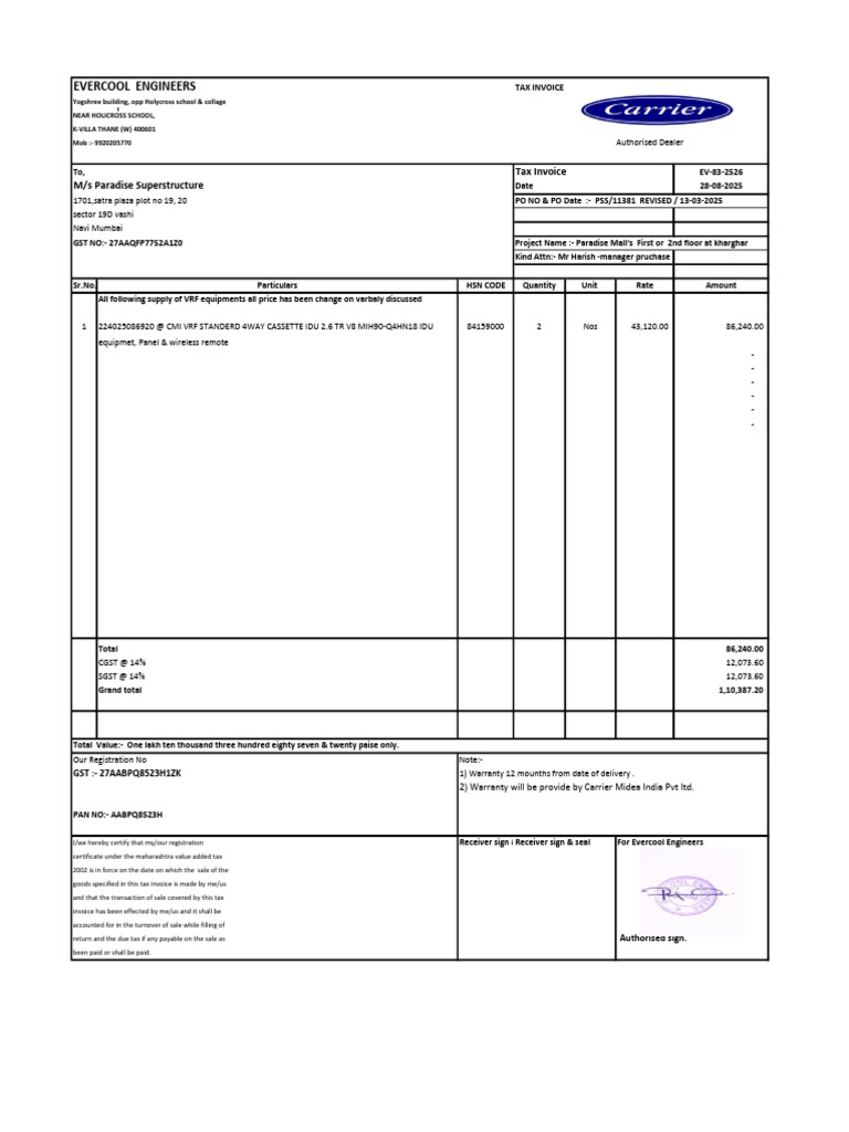 Tax Invoice for VRF Equipment Sale | PDF | Invoice | Payments