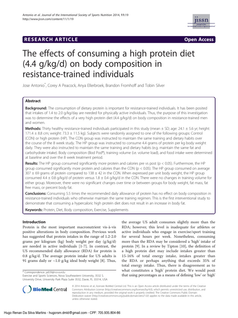 The Effects of Consuming A High Protein Diet (4.4 G-KG-D) On Body ...