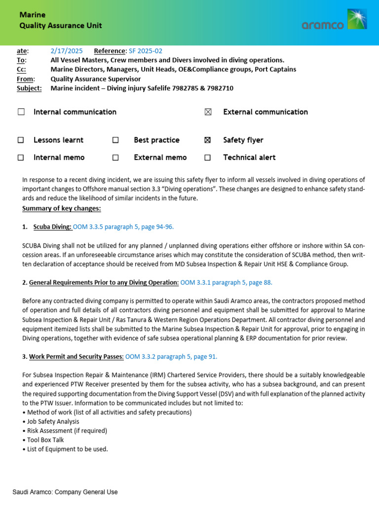 Diving Safety Protocol Updates for Aramco | PDF | Underwater Diving ...