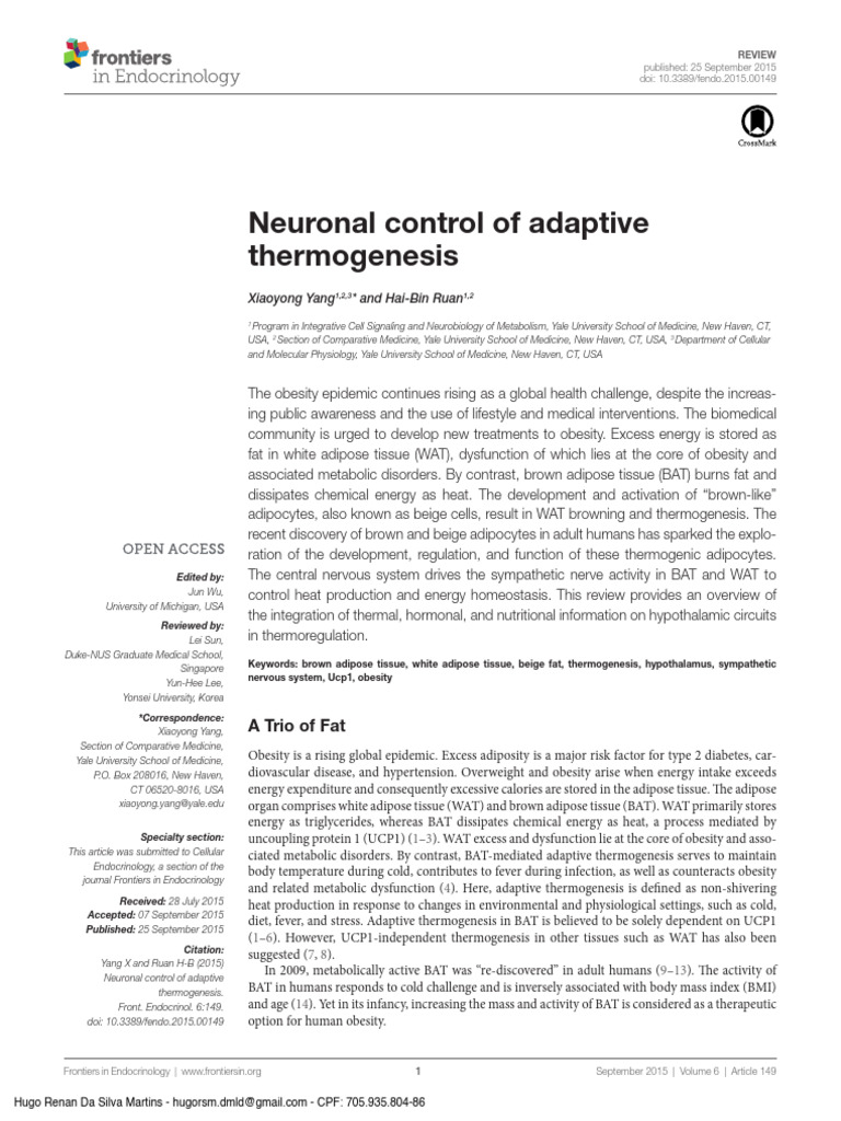 Neuronal Control of Thermogenesis in Obesity | PDF | Adipose Tissue ...