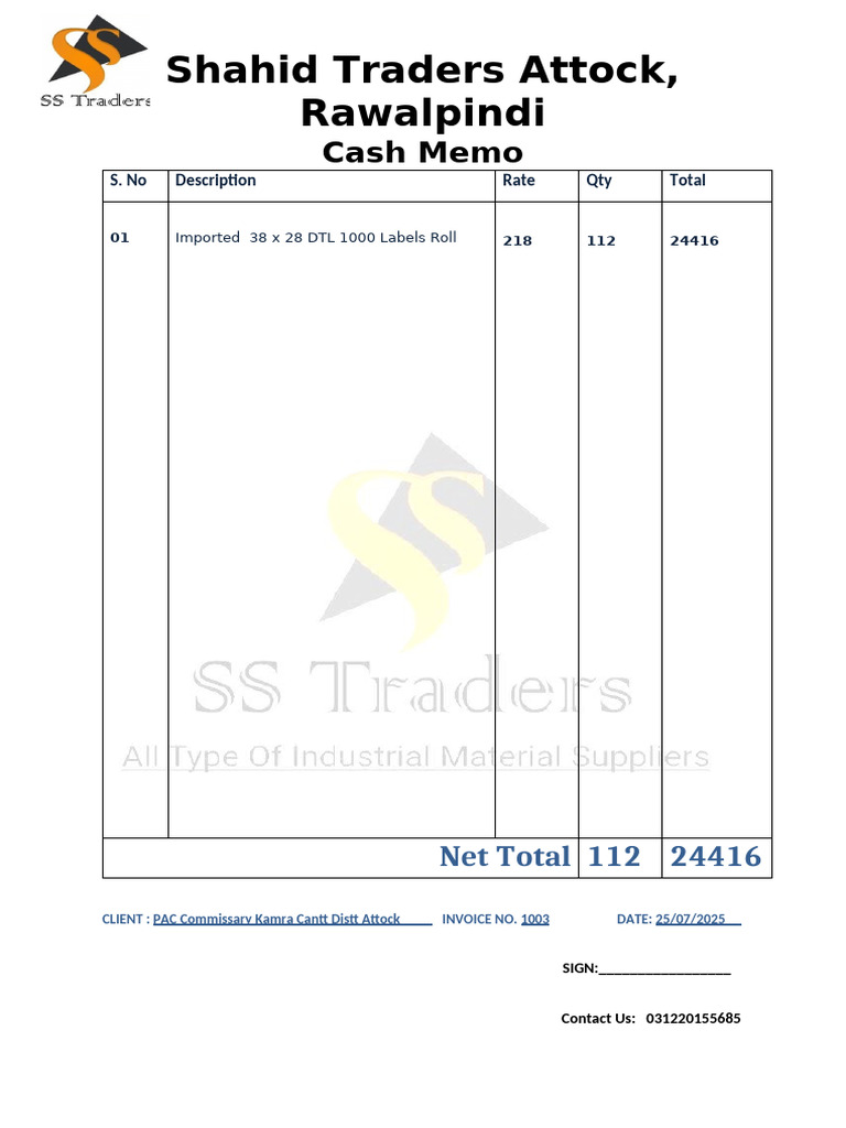 Invoice for Shahid Traders Rawalpindi | PDF