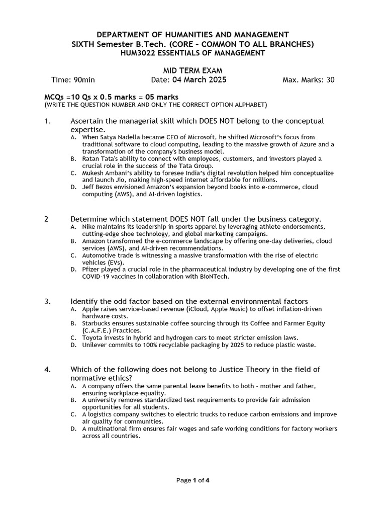 Essentials of Management Midterm Exam | PDF | Microsoft | Corporate ...