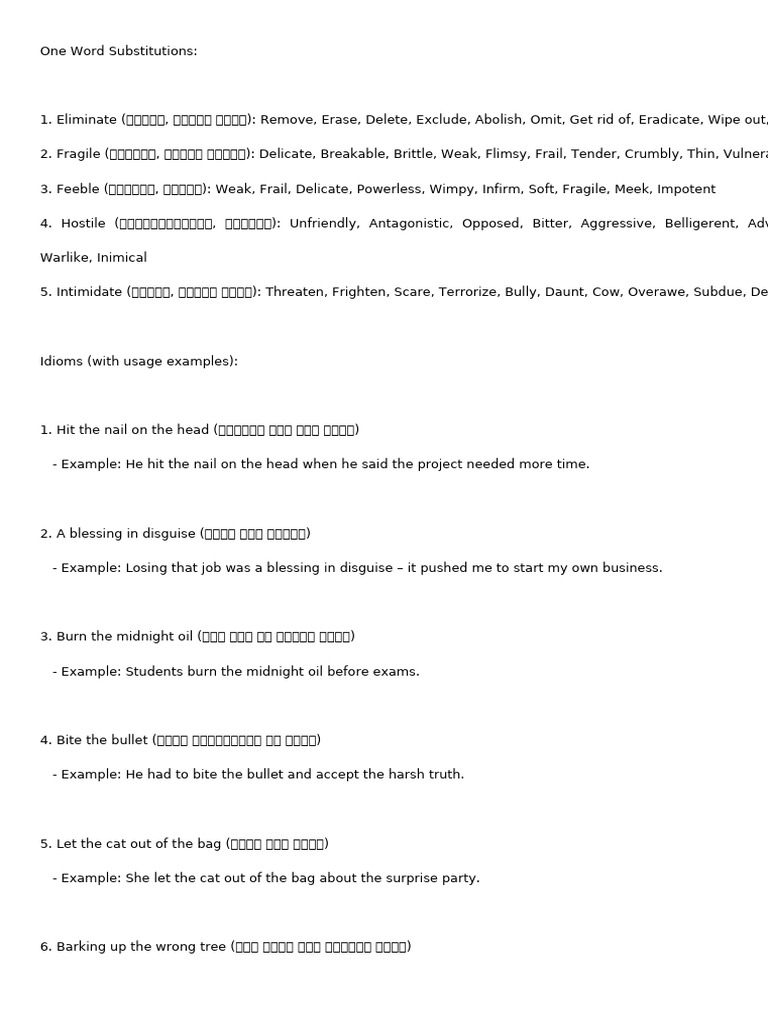 One Word Substitutions & Idioms Guide | PDF
