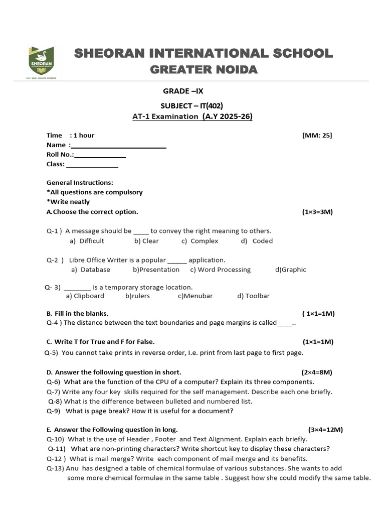 Grade 9th Computer PT-1 | PDF