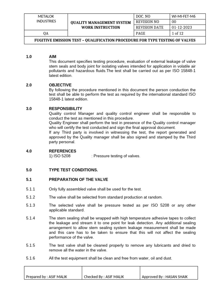 Fugitive Emission Test Procedure for Valves | PDF | Leak | Valve