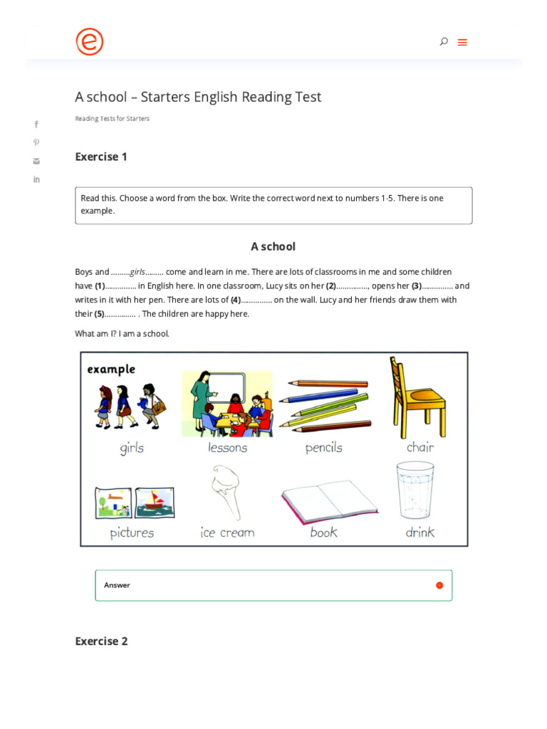 Starters English Reading Test: School | PDF