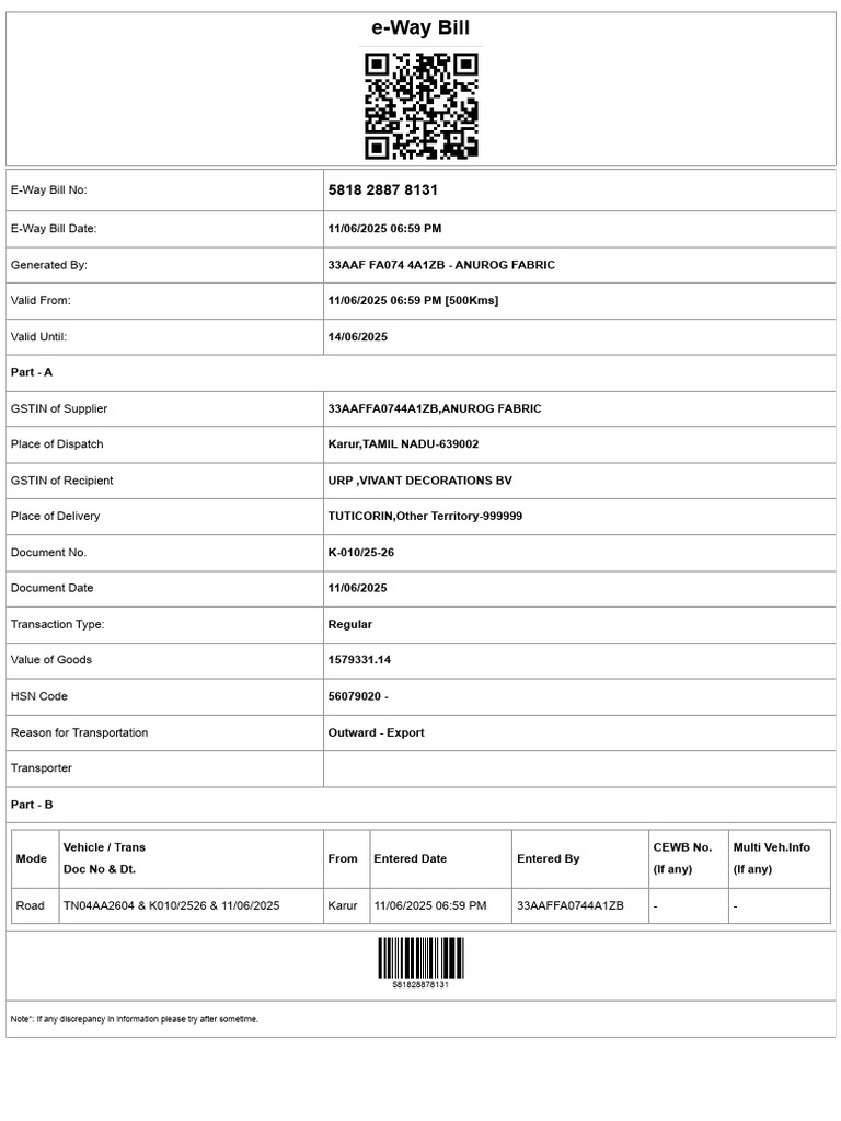 E-Way Bill Details for Export Shipment | PDF