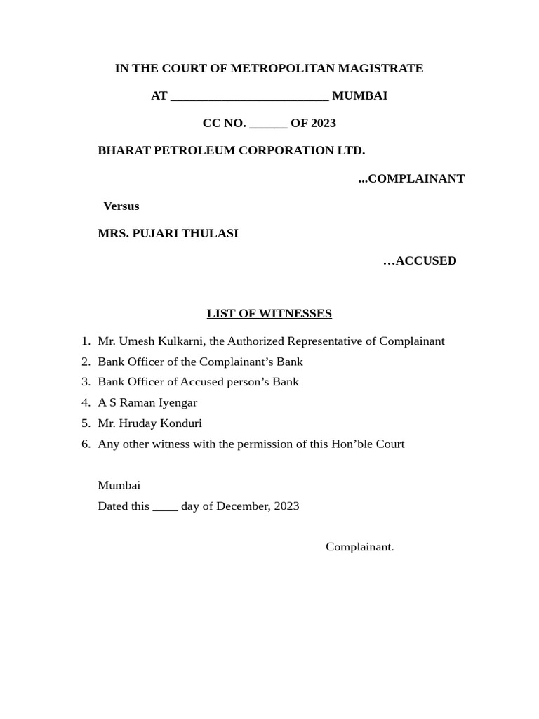 Witness List for BPCL vs. Thulasi Case | PDF