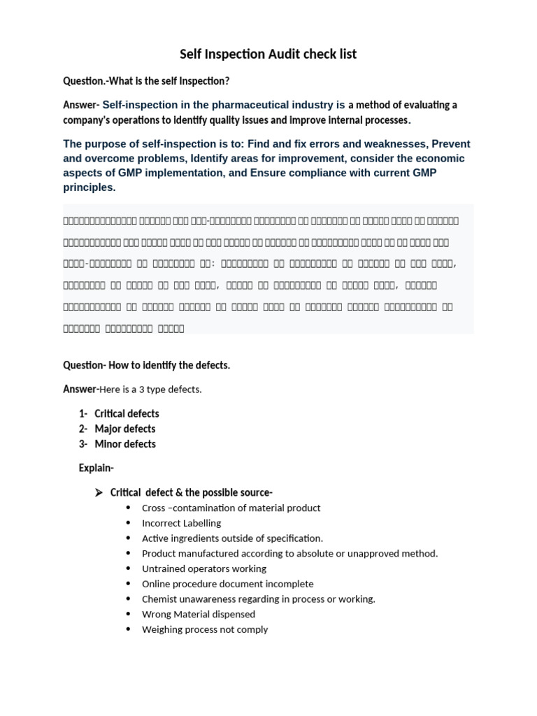 Self Inspection Checklist for Pharma | PDF | Calibration | Verification ...