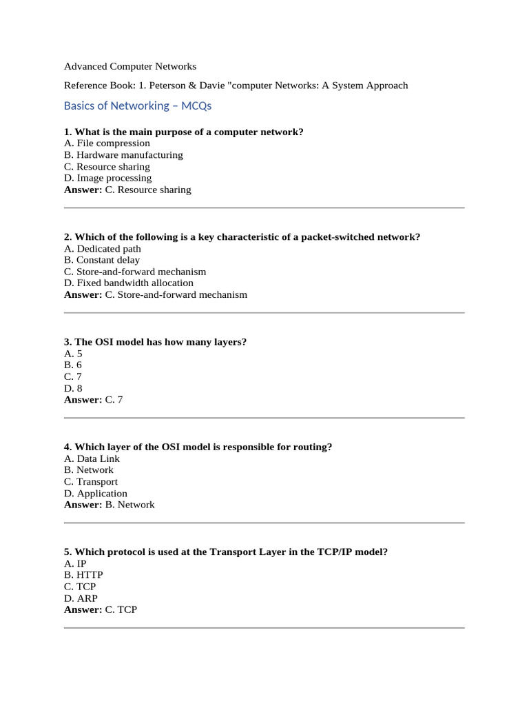 Computer Networking MCQs and Answers | PDF | Network Congestion ...