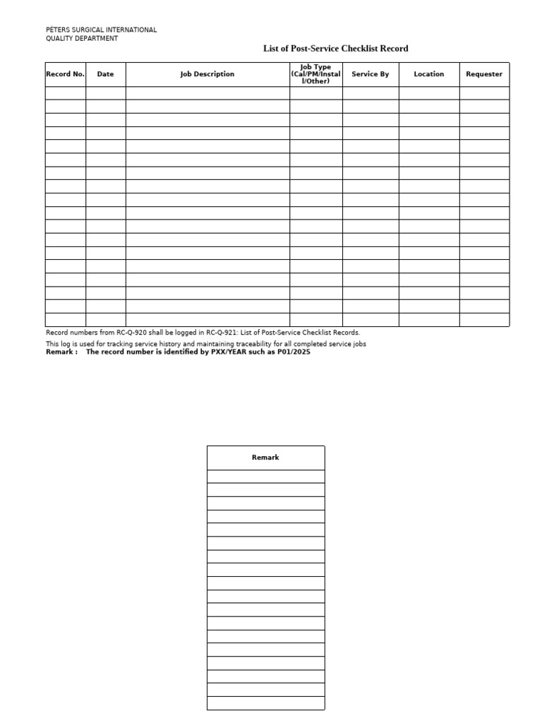 List of Post-Service Checklist Record | PDF