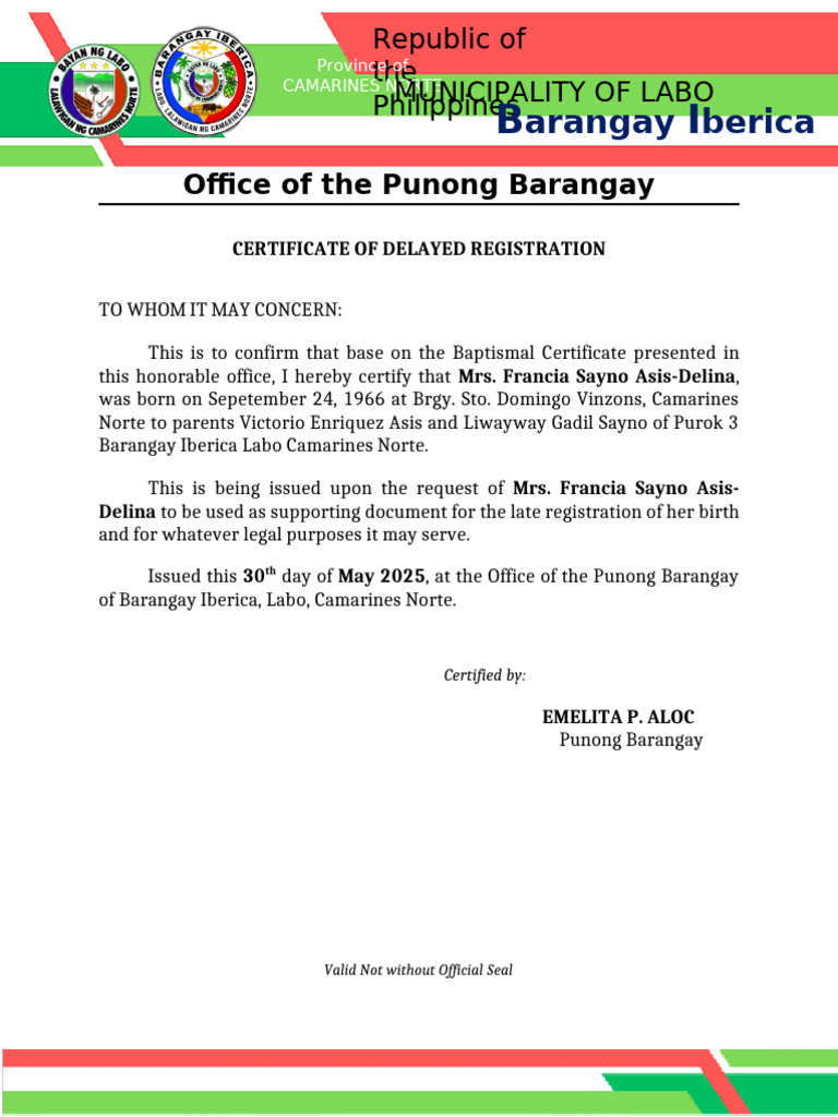 Barangay Certification for Late Registration | PDF