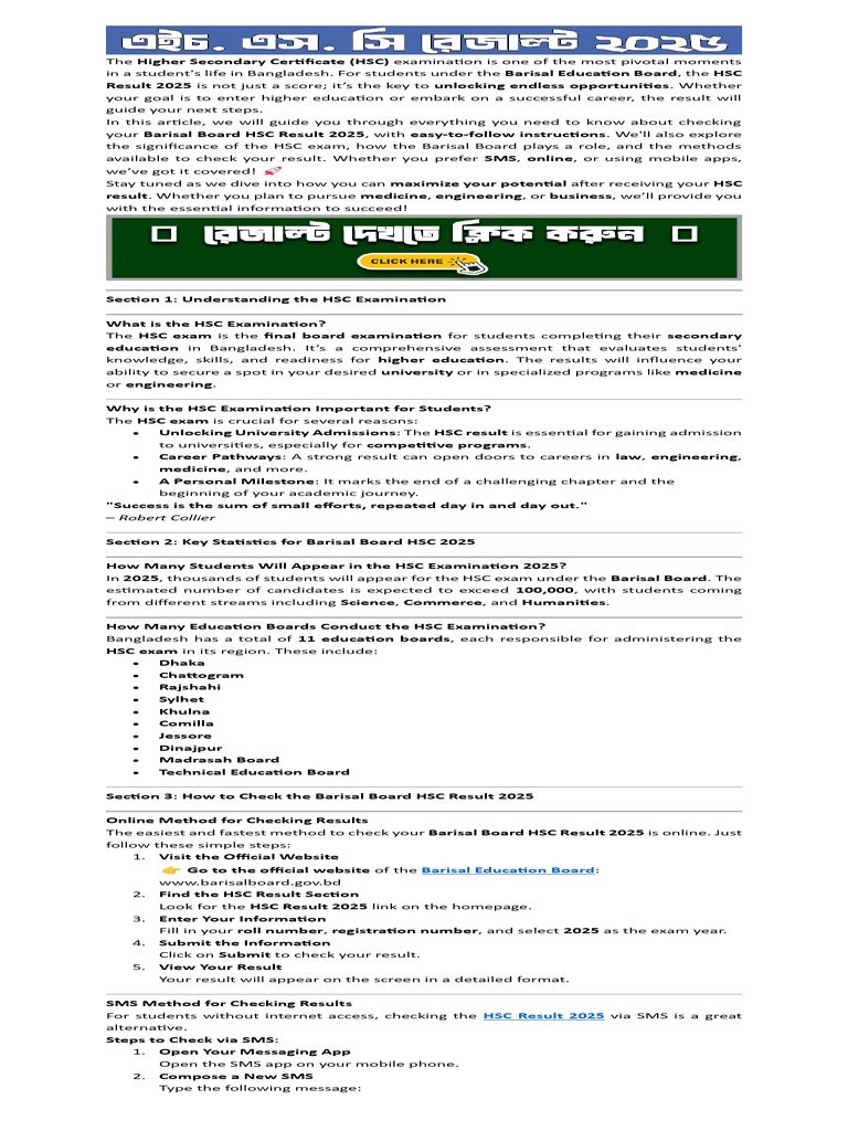 Barisal Board HSC Result 2025 Guide | PDF | Educational Stages