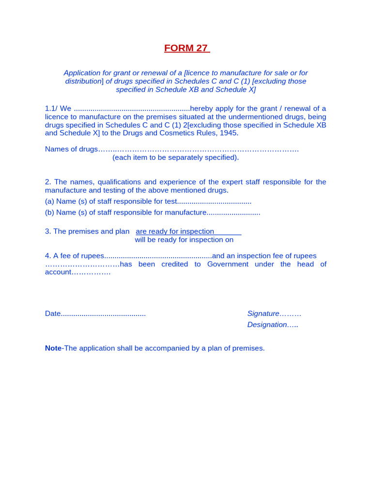 Form 27: Drug Manufacturing License Application | PDF