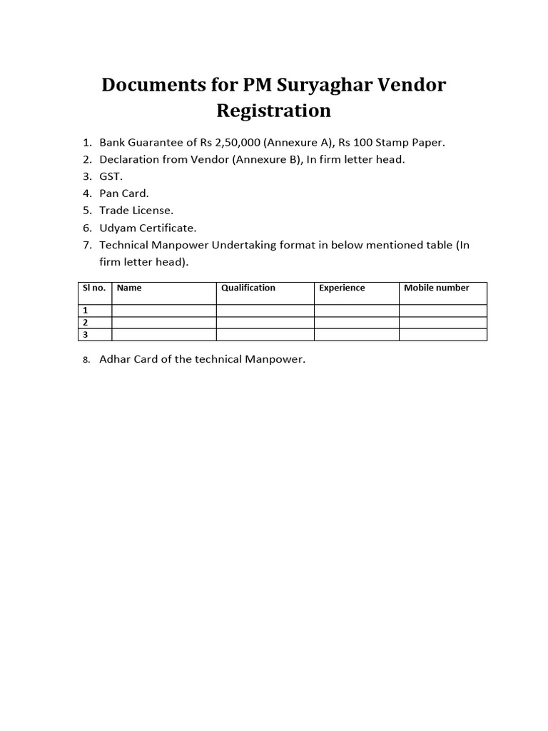 PM Suryaghar Vendor Registration Docs | PDF