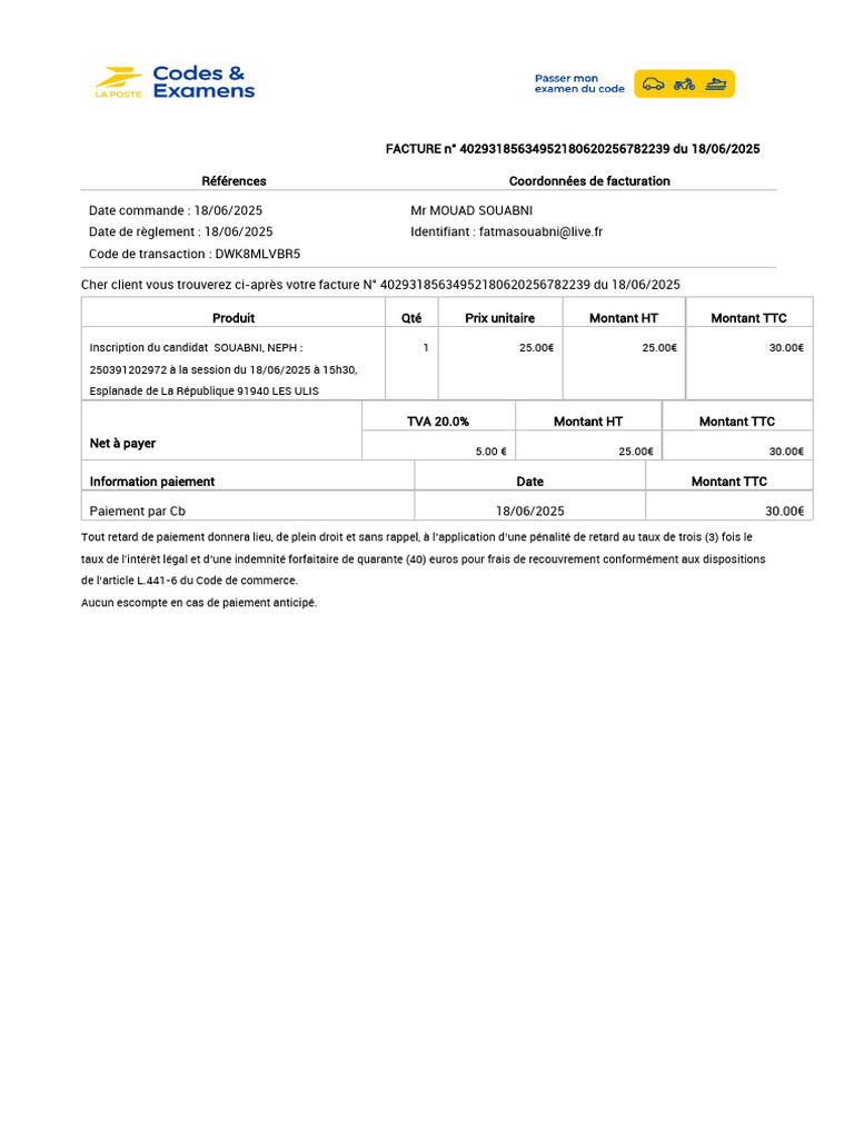 Facture d'inscription au code La Poste | PDF