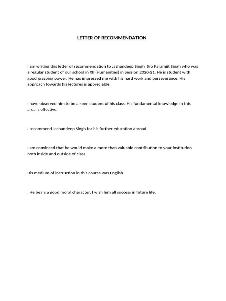 Letter Od Recpmmendation 2 1234 | PDF