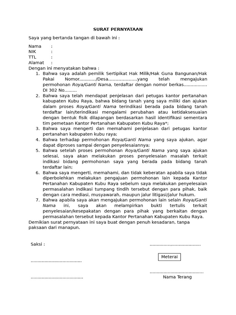 Surat Pernyataan Roya Ganti Nama Tanah | PDF