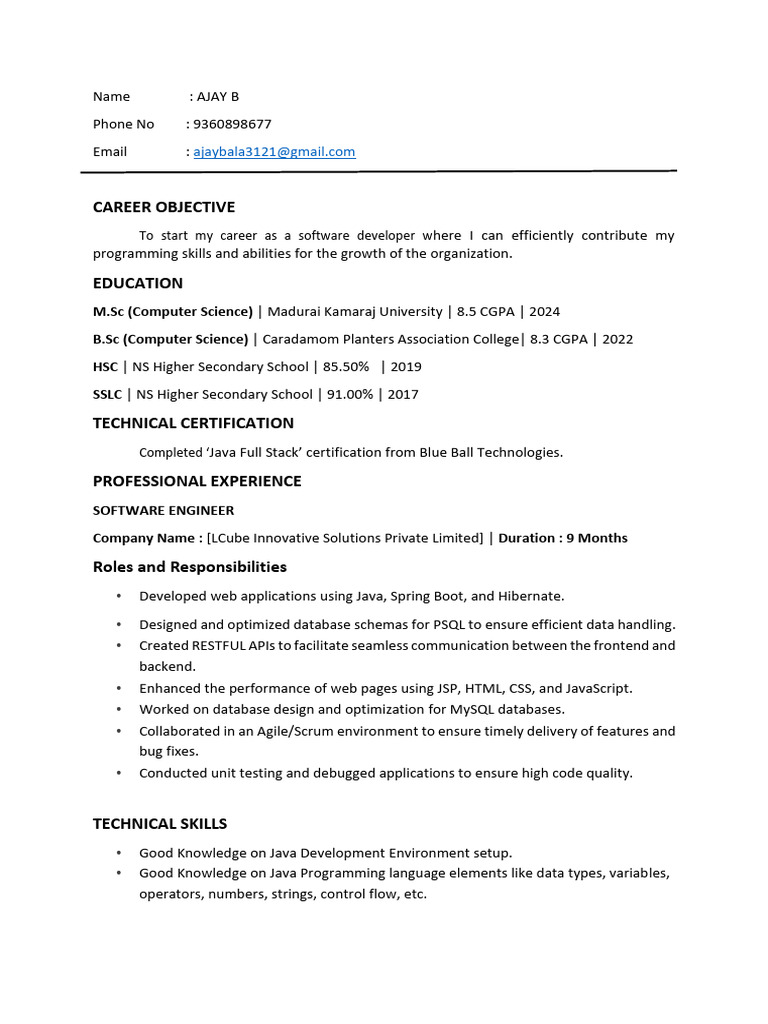 Software Developer Resume of Ajay B | PDF | Databases | Java ...