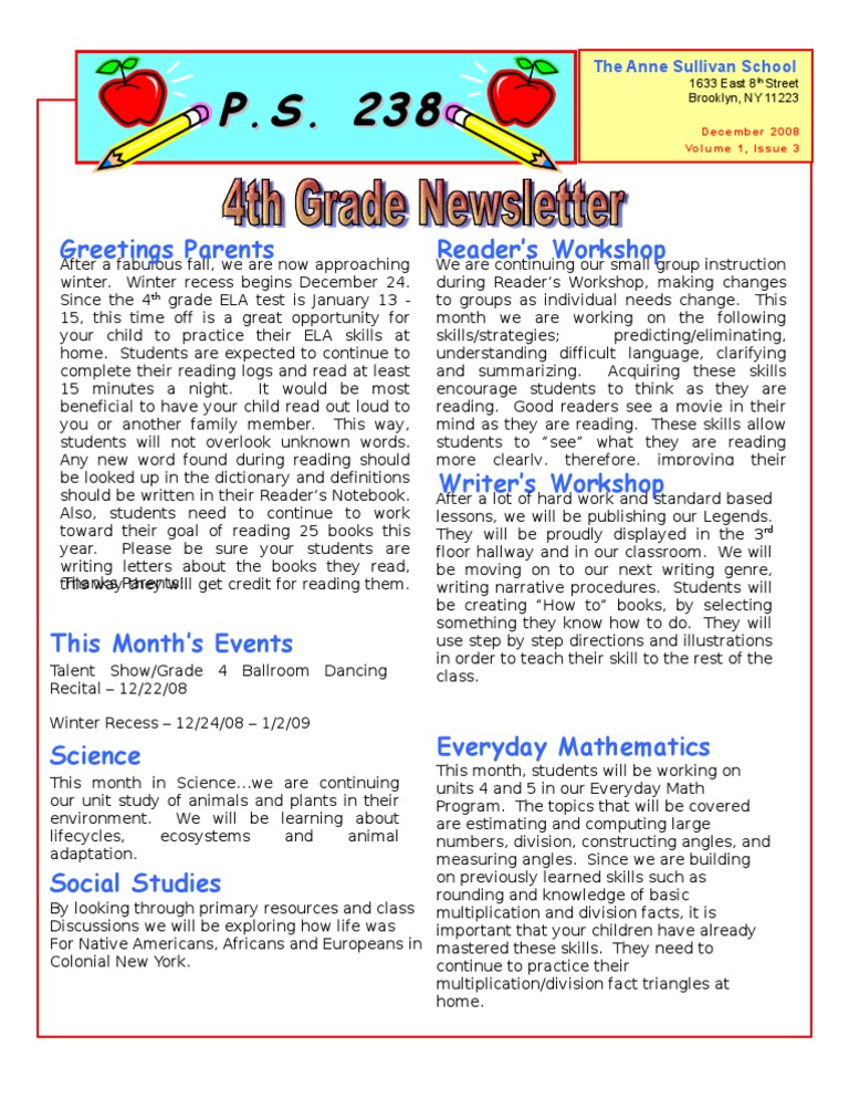 4th Grade Newsletter December | PDF | Reading (Process) | Teaching ...