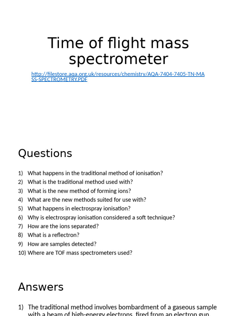 Time of Flight Mass Spectrometry Overview | PDF | Electrospray ...