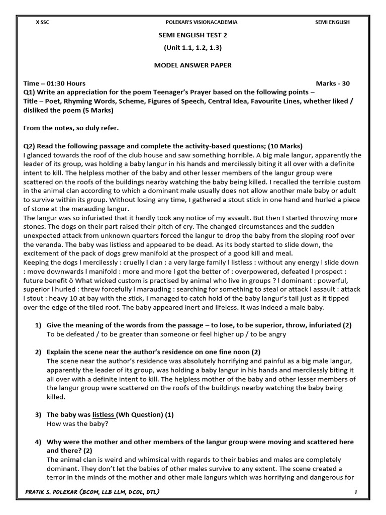 Semi English Test 2 Model Answer Guide | PDF