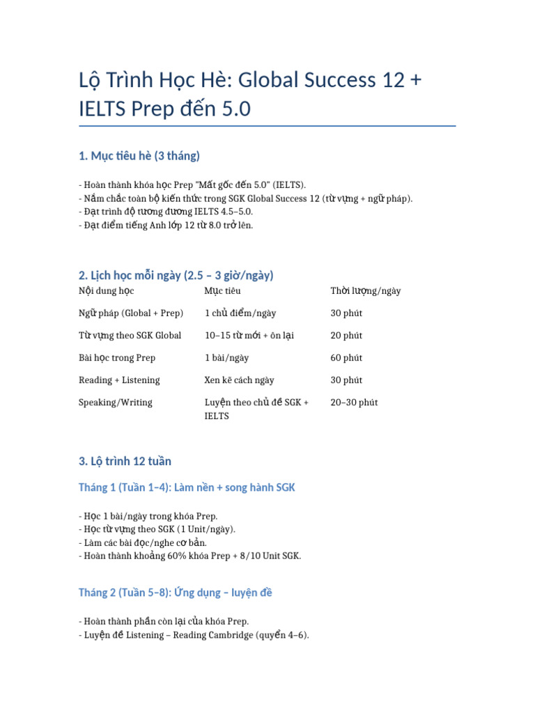 Lo Trinh 3 Thang Global Success 12 IELTS Prep | PDF