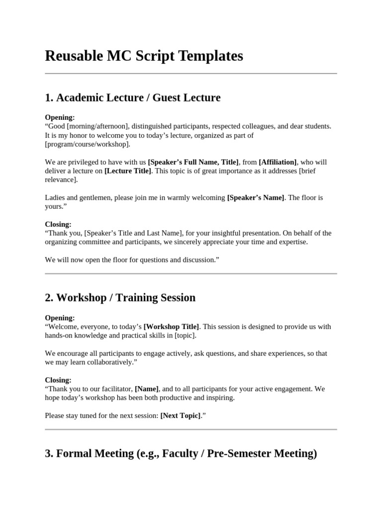 MC Script Templates for Events | PDF | Lecture | Education Theory
