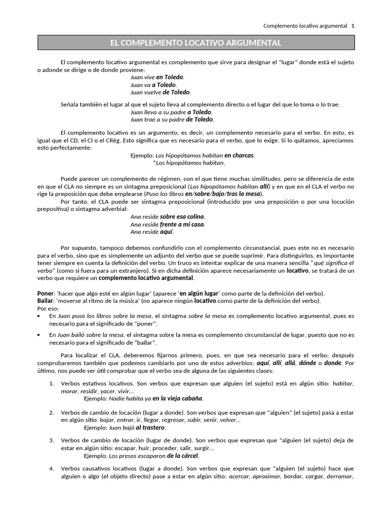 EL COMPLEMENTO LOCATIVO ARGUMENTAL Teoría | PDF | Verbo | Sintaxis