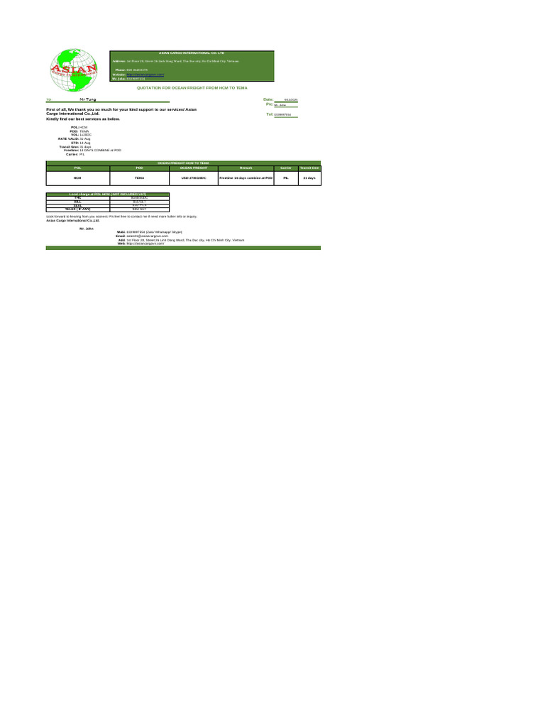 Ocean Freight Quotation HCM to Tema | PDF | Freight Transport | Transport