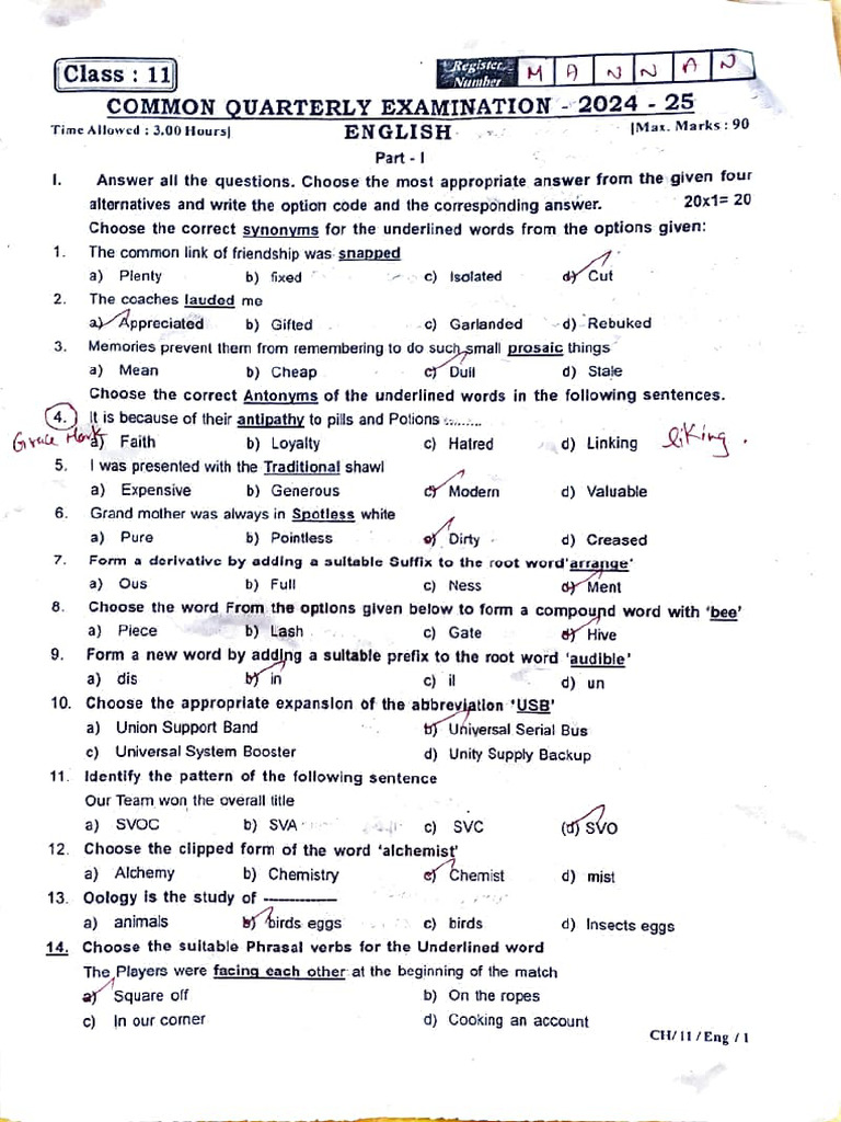 11th English Quarterly Exam 2024 Guide | PDF