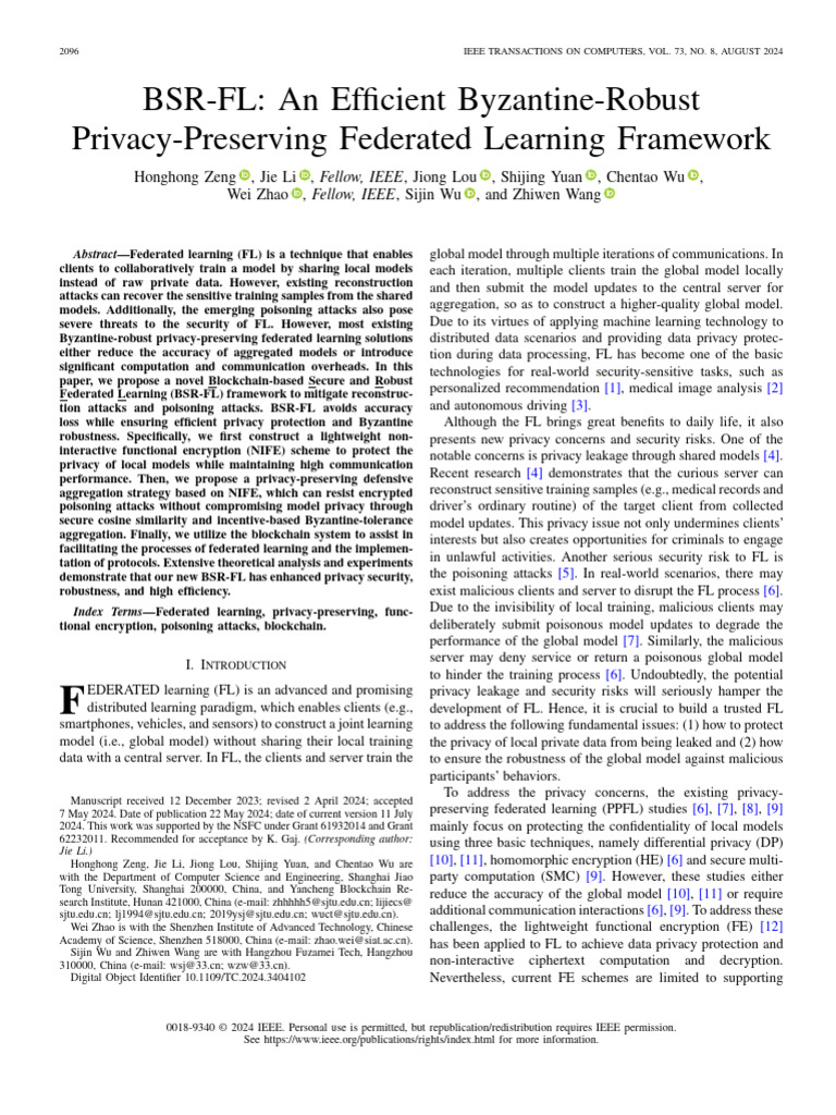 BSR-FL An Efficient Byzantine-Robust Privacy-Preserving Federated ...