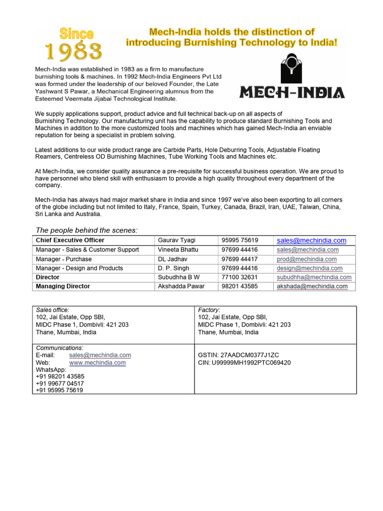 Burnishing Technology Solutions by Mech-India | PDF