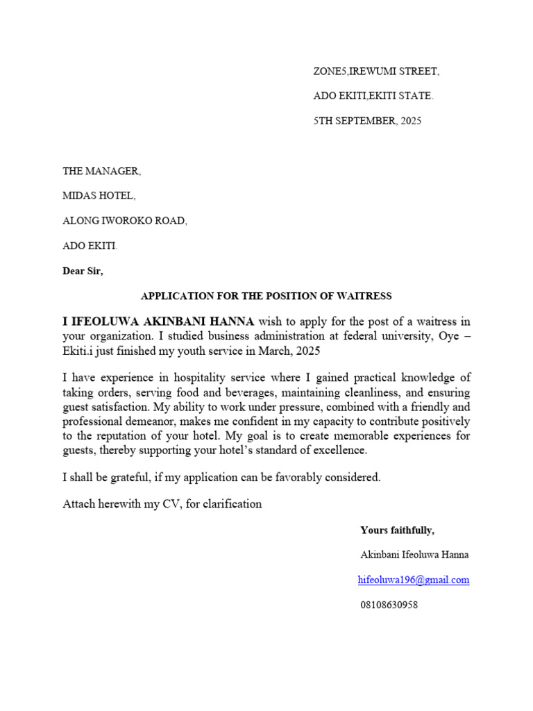 Waitress Application by Ifeoluwa Hanna | PDF