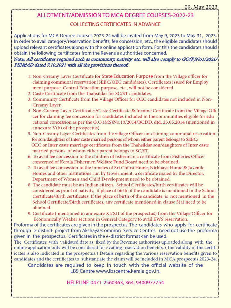 MCA Admission 2023-24 Certificate Requirements | PDF