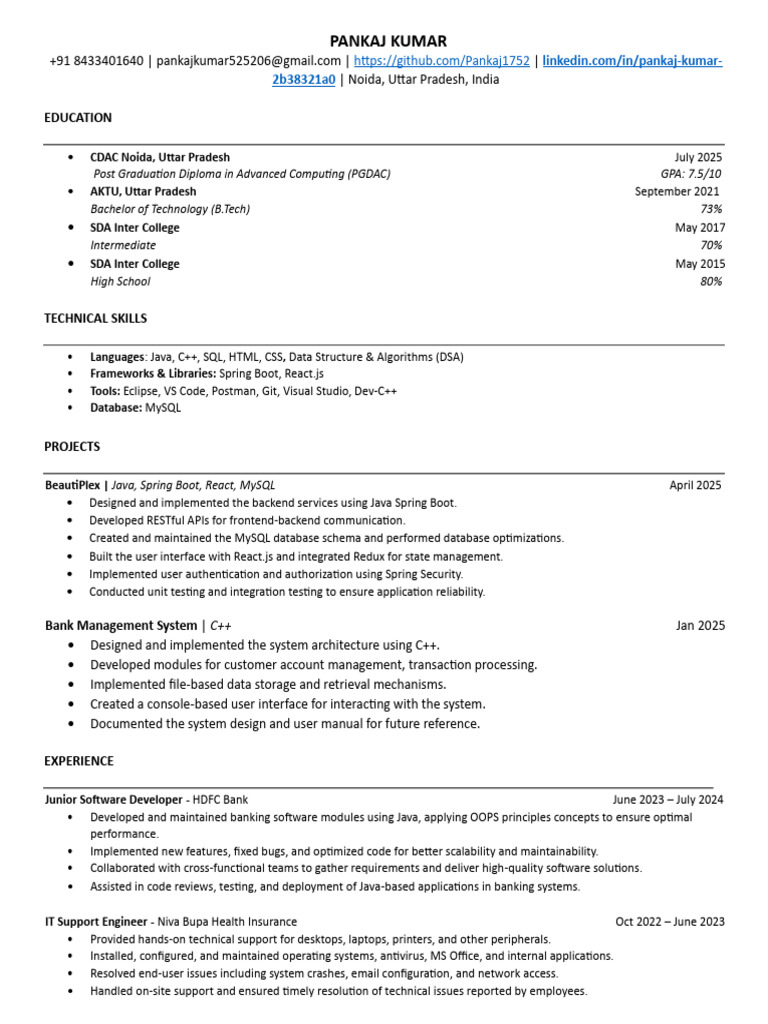 Pankaj Kumar: Software Developer Resume | PDF | Databases | Java ...
