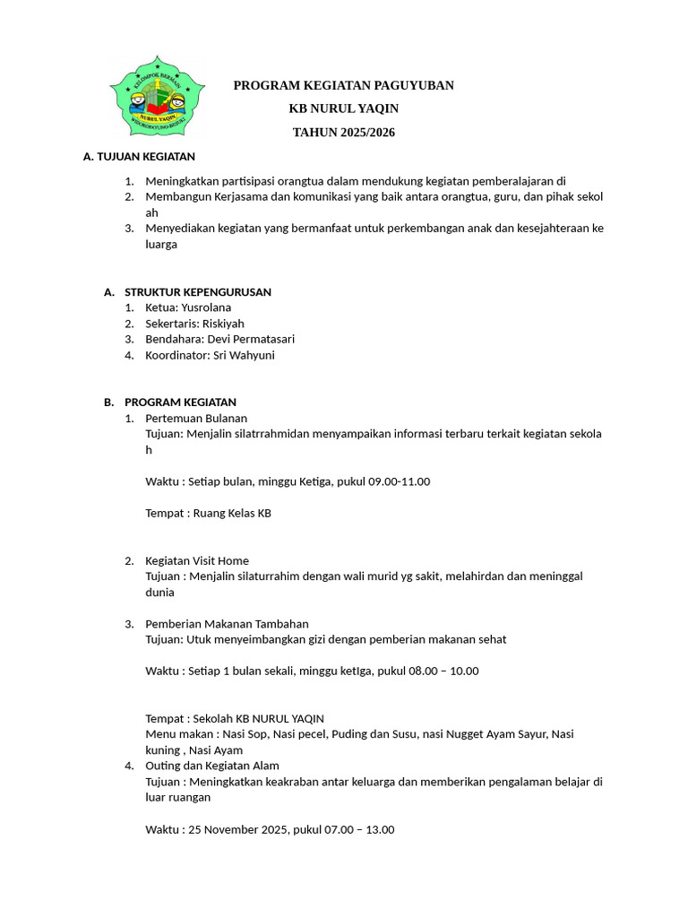 Program Kegiatan Paguyuban KB 2025/2026 | PDF