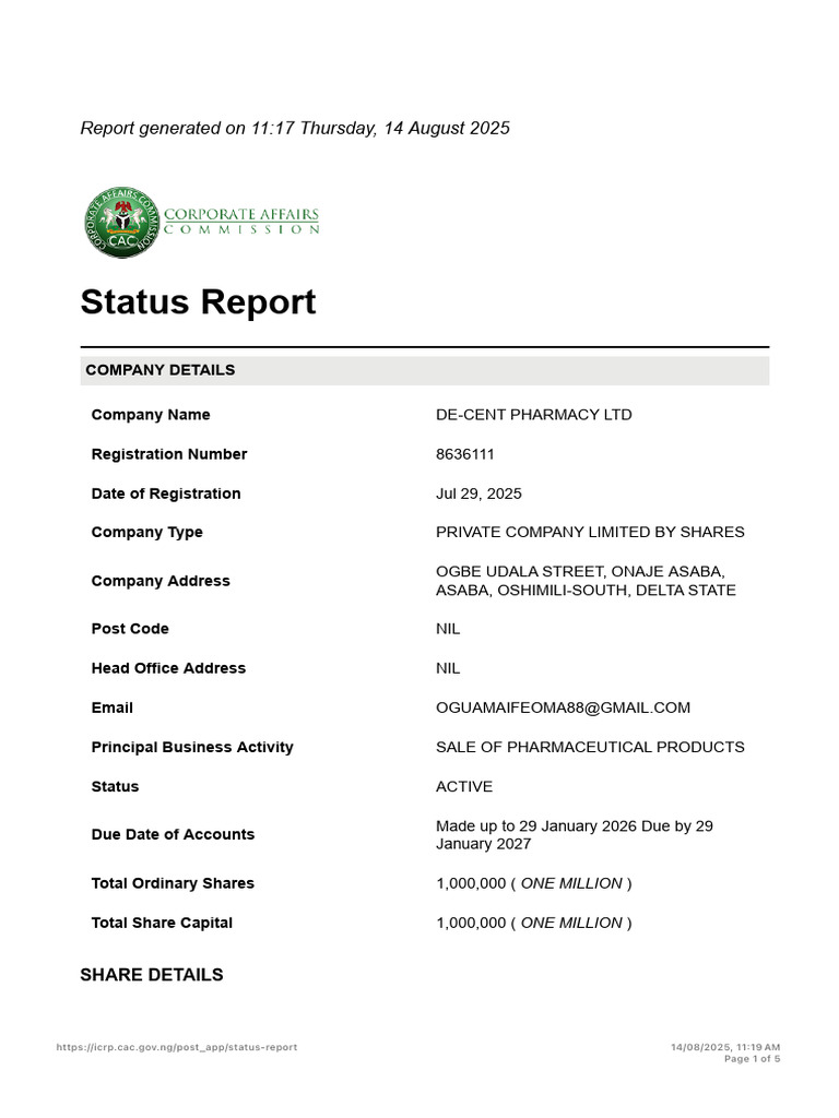 DE-CENT Pharmacy Ltd Company Status Report | PDF | Business | Business ...