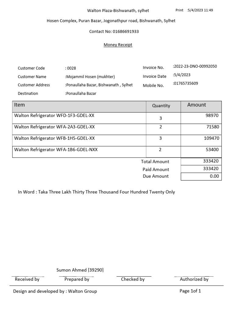 Walton Showroom Invoice - Sylhet | PDF