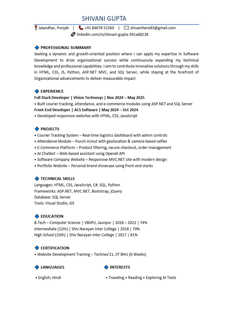 Full Stack Developer Resume - Shivani Gupta | PDF
