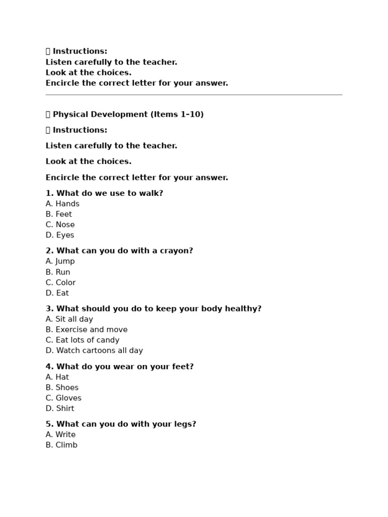 Physical Development Quiz for Kids | PDF