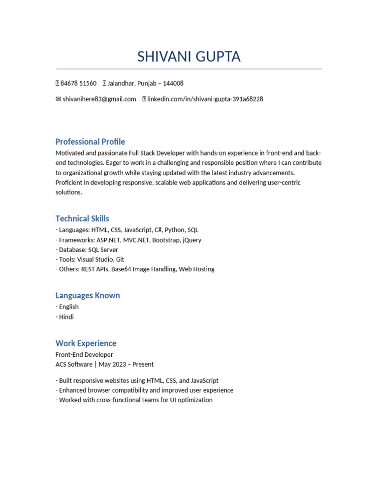 Shivani Gupta: Full Stack Developer Profile | PDF