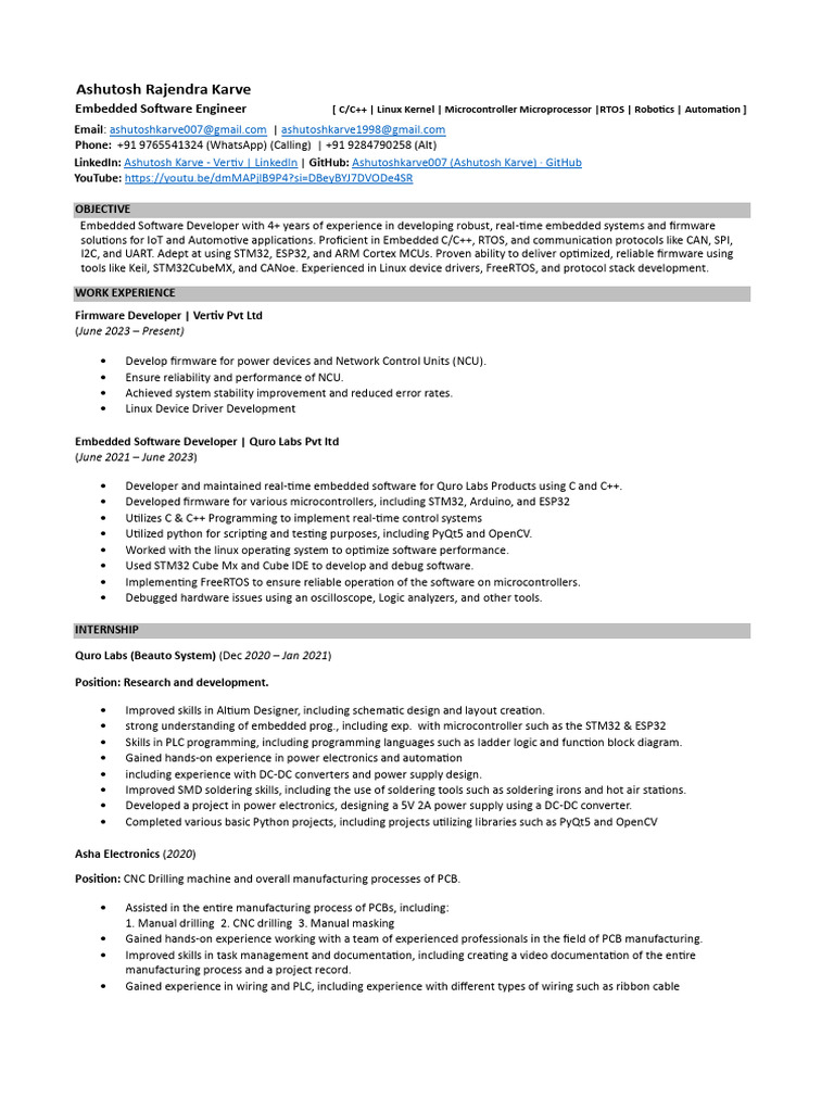 Embedded Software Engineer Profile | PDF | Embedded System | Computer ...