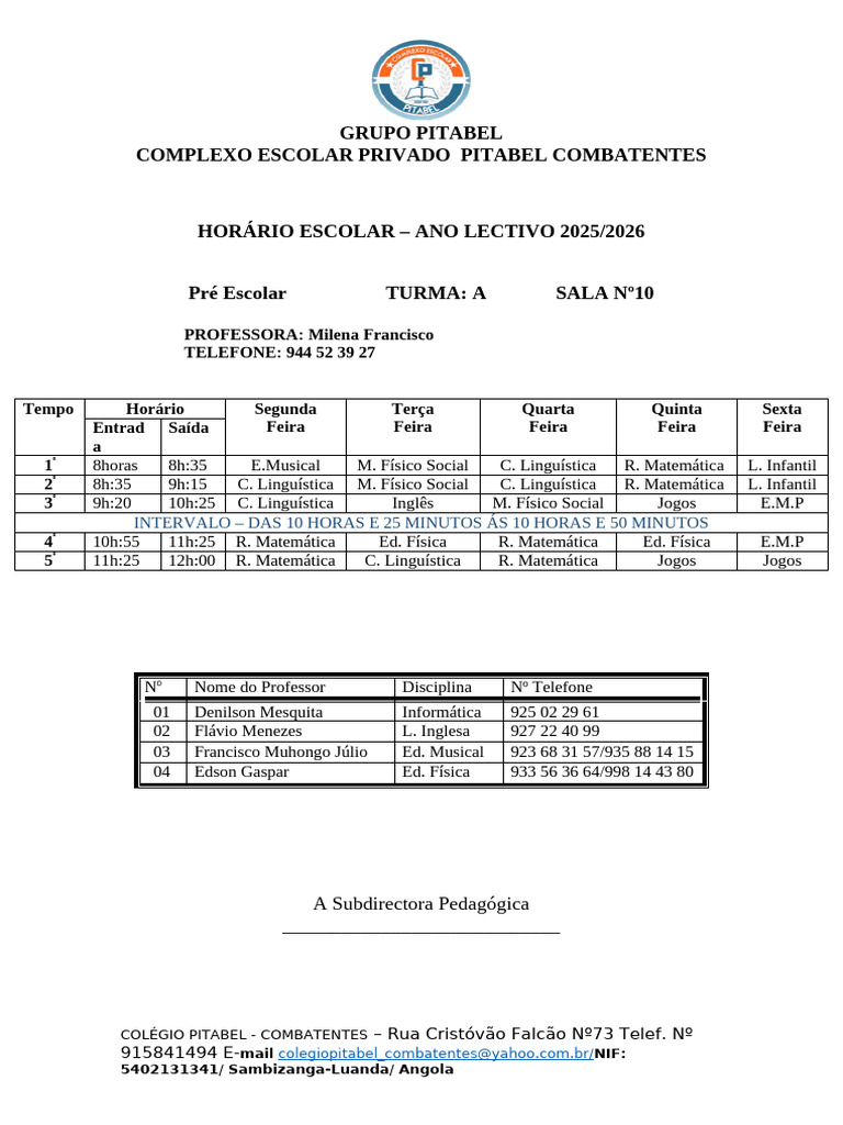 Horário Escolar 2025/2026 - Colégio Pitabel | PDF | Educação em Artes ...