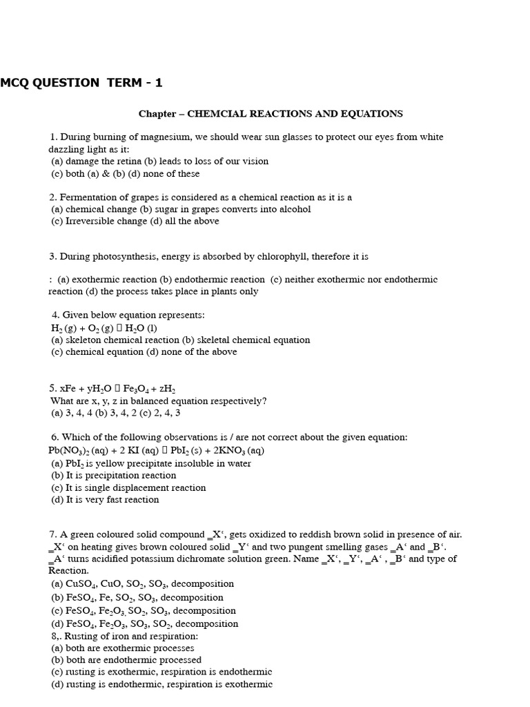 MCQ on Chemical Reactions and Equations | PDF | Sodium Carbonate | Acid
