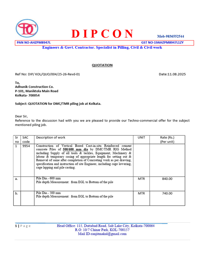 Quotation for Piling Job in Kolkata | PDF | Building Engineering ...