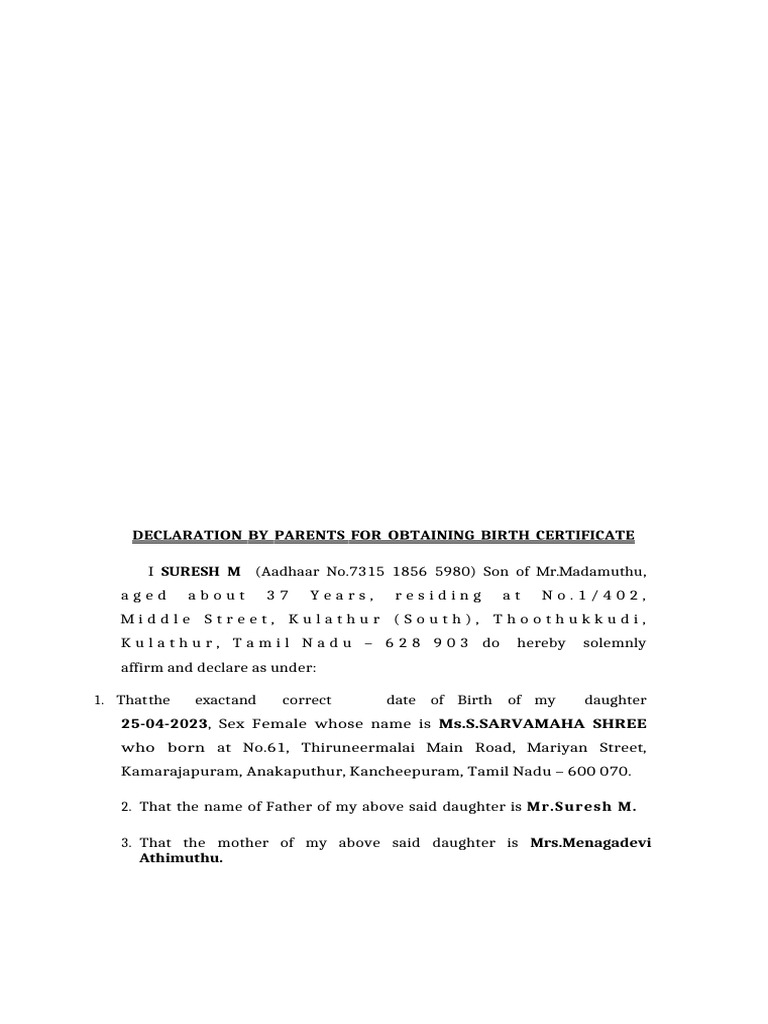 Birth Certificate Declaration by Parents | PDF