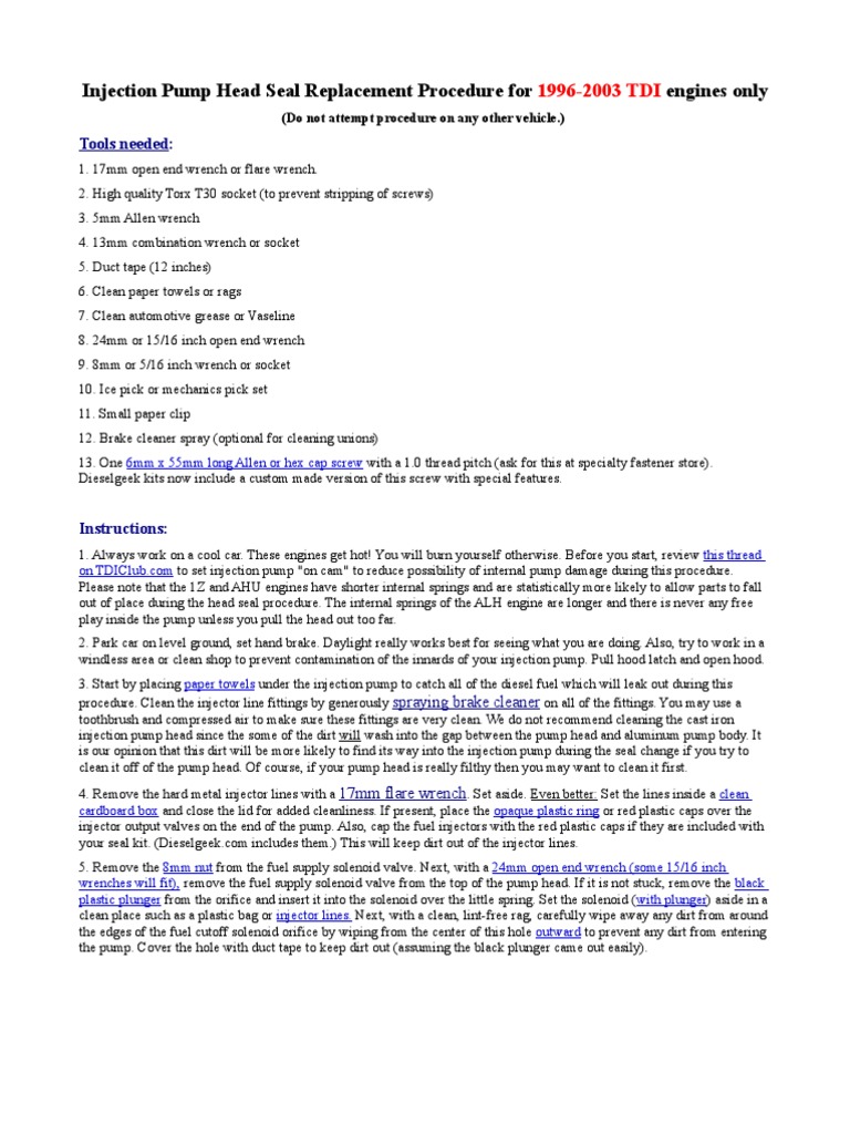 TDI Injection Pump Seal Replacement Instructions PDF Fuel Injection