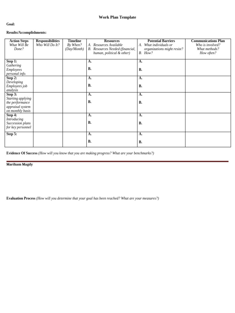 Work Plan Template for Employee Development | PDF